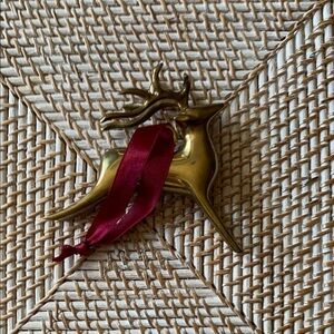 Vintage Solid Brass Reindeer Ornament with Red Ribbon